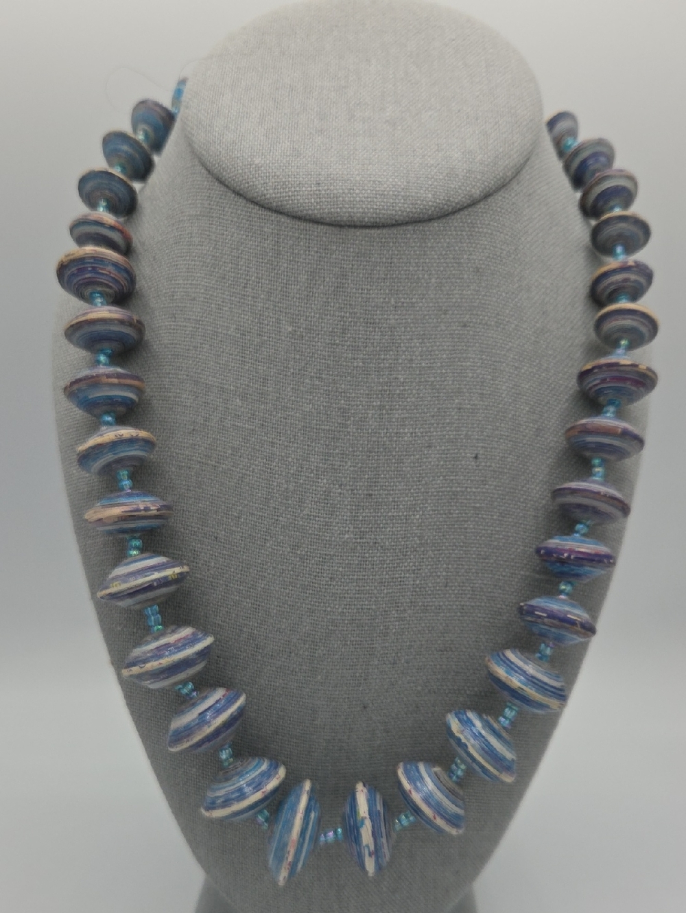 5 for $25! Bead For Life Handcrafted Blue Striped Disk Bead Necklace